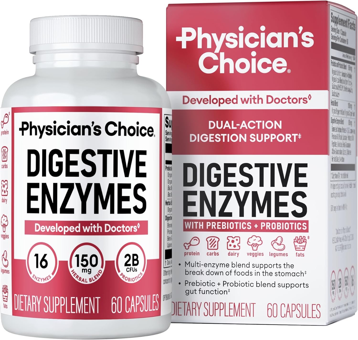 Physician's CHOICE Digestive Enzymes - Multi Enzymes, Organic Prebiotics & Probiotics for Digestive Health & Gut Health - Meal Time Discomfort Relief & Bloating - Dual Action Approach - 60 CT